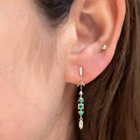 Green Zircon Dangle Earrings Gold Crescent Moon Drop Earrings Celestial Jewelry - Picture 2 of 8